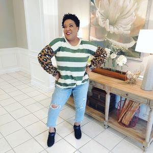 Rae Mode Leopard Sleeve Stripe Top | Olive Camel Colorblock Sweater Tee S–3X NWT